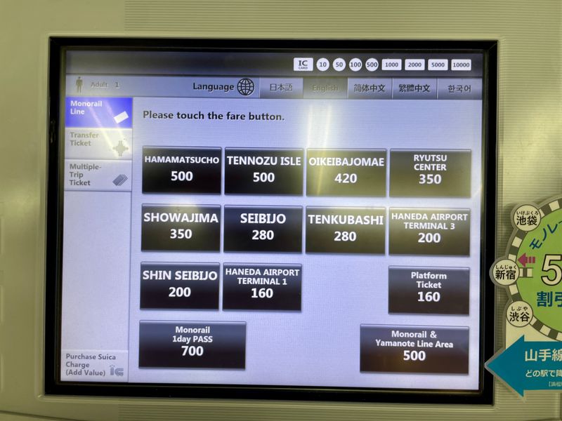 Screen of the ticket machine